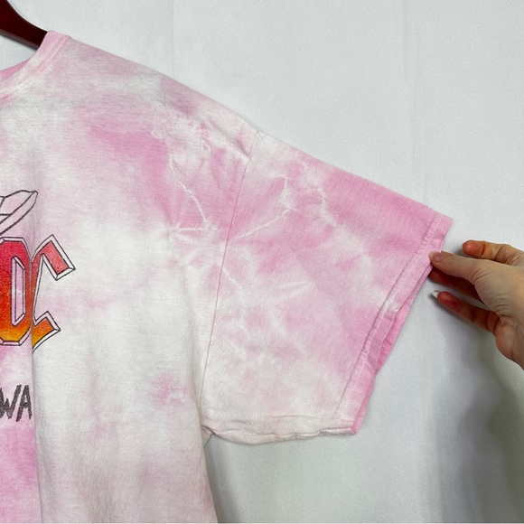 AC/DC Tie Dye Cropped Fly On The Wall Shirt Tour Band Boyfriend Raw Hem Pink - Picture 4 of 10